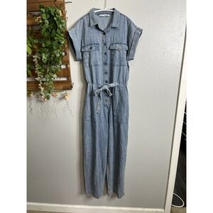 Given Kale Denim Jumpsuit Women's Small Belted Short Sleeve 100% Cotton Buttons